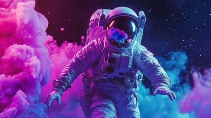 An astronaut navigates through colorful nebulous clouds in a cosmic setting filled with vibrant hues and starlit backgrounds