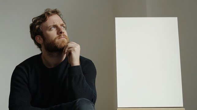 A thoughtful man considers the design possibilities of an empty certificate layout