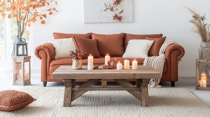 A warm and inviting living room adorned with rich, textured fabrics in autumnal hues, featuring a plush sofa with decorative pillows, a rustic wooden coffee table, and a cozy knit throw. Soft