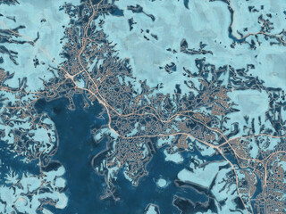 Painterly Style City Map of Sasebo, Japan in a Blue Color Scheme.