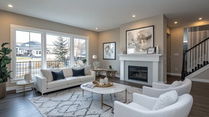 Fototapeta premium A modern living room with a white couch, two white armchairs, a coffee table, a fireplace, a rug, and a large window.