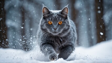 Gray cat running through snow, intense orange eyes, dynamic winter scene with snowflakes, playful and energetic moment.