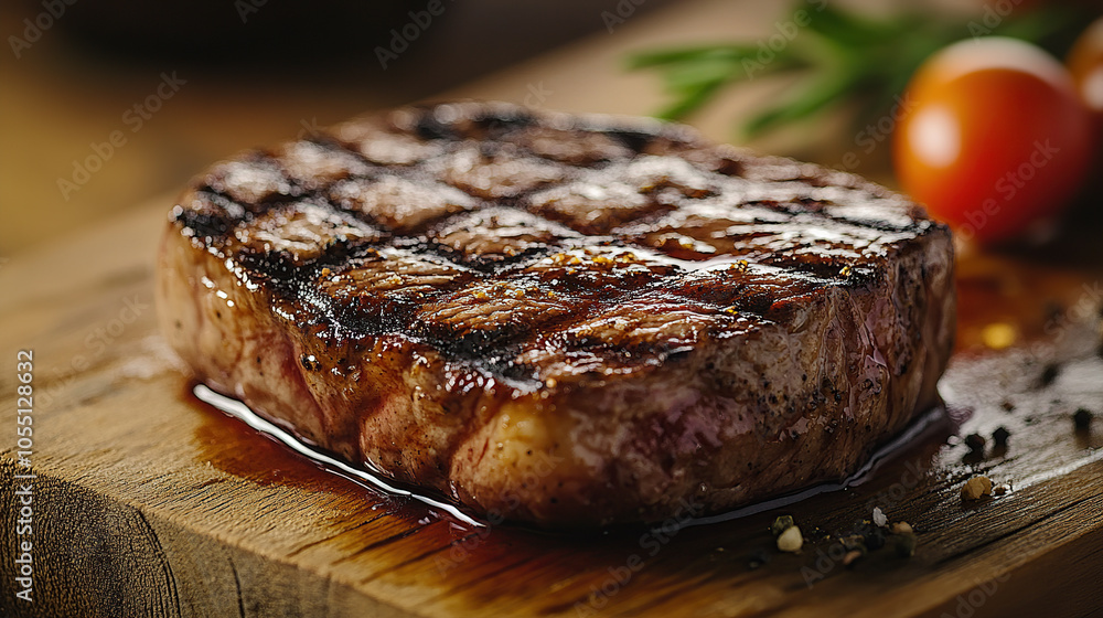 Wall mural close-up of a perfectly grilled ribeye steak on a wooden table, with copy space for photography and 