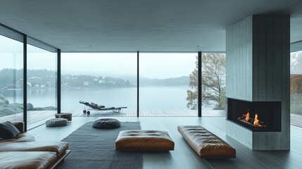 A modern living room with large windows overlooking a lake and a fireplace.