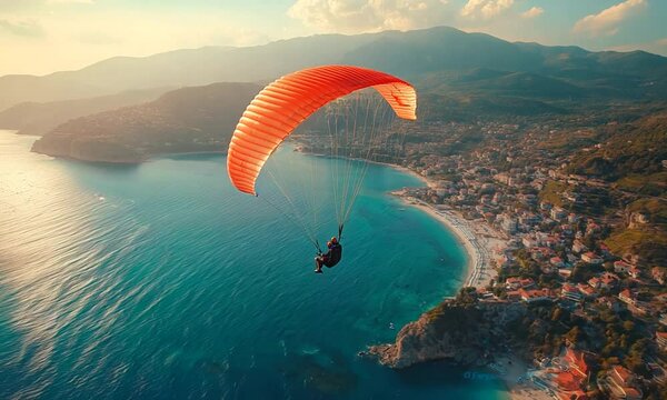 A paraglider soaring over a scenic coastal landscape.