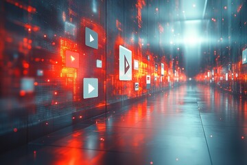 Futuristic hallway with glowing red play icons on the walls, representing the digital world of video content and streaming.