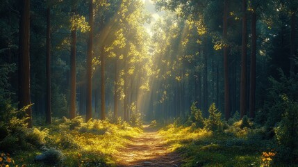 Fototapeta premium Sunlight filters through trees in a serene forest pathway.