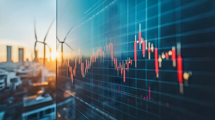 Stock market data displayed on a screen with wind turbines and cityscape in the background.