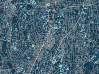 Painterly Style City Map of Shimotsuke, Japan in a Blue Color Scheme.