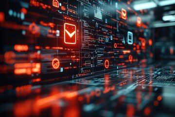 Obraz premium Futuristic red and blue digital interface with icons.