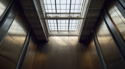 Obraz premium Industrial Architecture: A low angle perspective looking up at a skylight in a contemporary building.