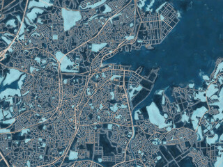 Painterly Style City Map of Shiogama, Japan in a Blue Color Scheme.