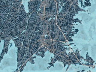 Painterly Style City Map of Shiojiri, Japan in a Blue Color Scheme.