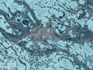 Painterly Style City Map of Shirakawa, Japan in a Blue Color Scheme.