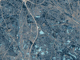 Painterly Style City Map of Shiraoka, Japan in a Blue Color Scheme.