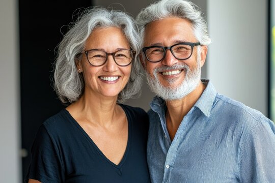 Happy Mixed Race Couple in Their 60s Smiling Together