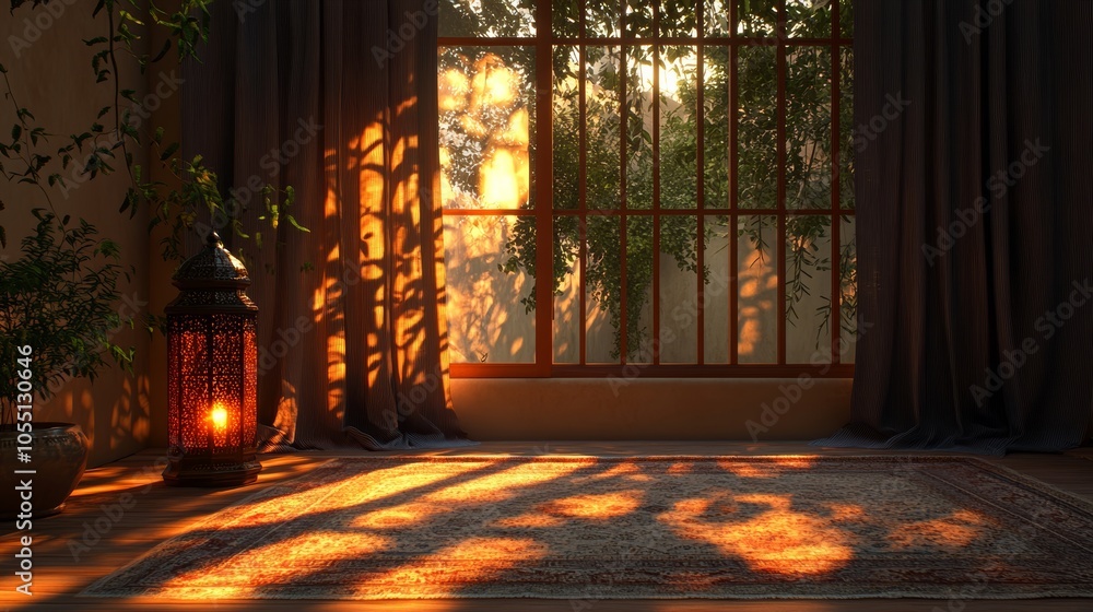 Poster a moroccan-style room with a large window letting in the setting sun, creating warm light and shadow