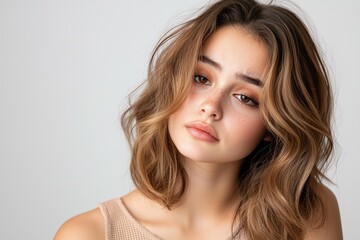 Naklejka premium Thoughtful Latina Woman with Medium Skin Tone
