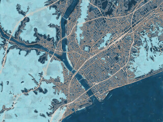 Painterly Style City Map of Shizuoka, Japan in a Blue Color Scheme.