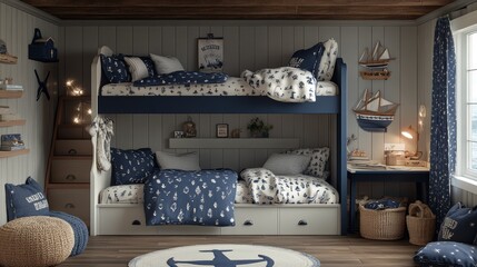 A nautical themed bedroom with a bunk bed, a desk, and a rug with an anchor.