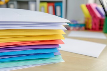 Neatly arranged vibrant stack of multi colored papers displayed on a desk surface for creative use