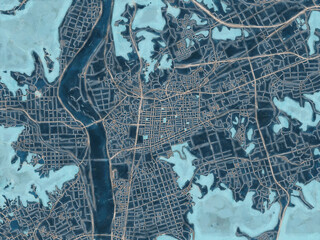Painterly Style City Map of Soja, Japan in a Blue Color Scheme.