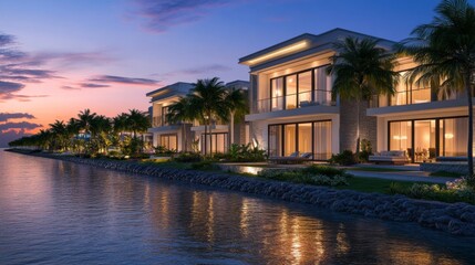 Modern Coastal Properties at Sunset with Palm Trees