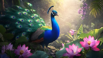 Obraz premium Majestic peacock amidst lush tropical flora