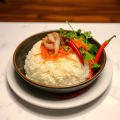 Side view rice garnish with fried onion carrot greens and chili pepper on the table