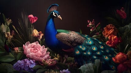 Fototapeta premium Vibrant peacock amidst lush floral splendor