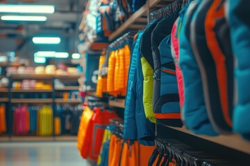 A collection of sports equipment and jerseys, displayed in a retail setting.