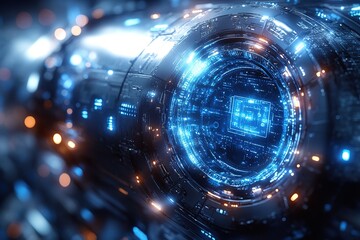 Fototapeta premium Futuristic technology with a glowing blue core and intricate details.