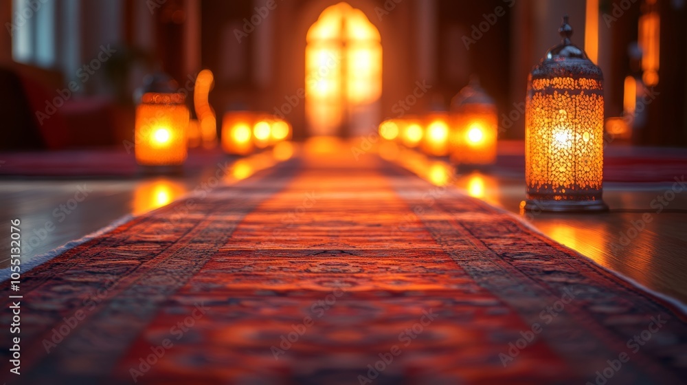 Poster a red carpet leads through a dimly lit room with lanterns lining the sides. the glowing lights creat