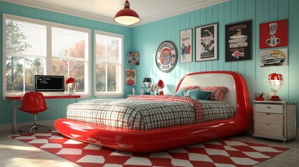 A retro-themed bedroom with a red and white bed, checkered rug, and a desk with a computer. The walls are aqua blue with a wood panel effect.