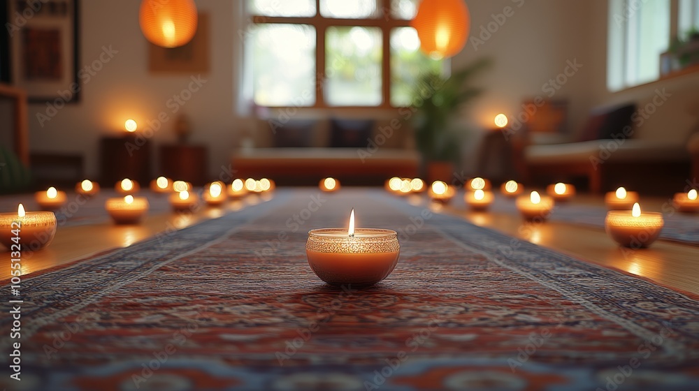 Poster A row of lit candles on a patterned rug leading to a window with two hanging lanterns.