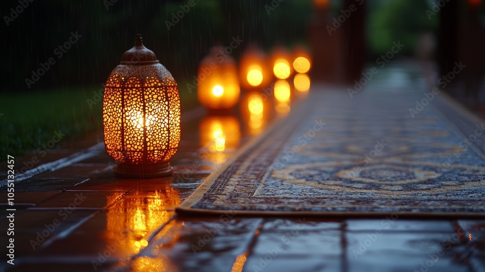 Poster a row of lit lanterns illuminate a pathway with a patterned rug in the rain.