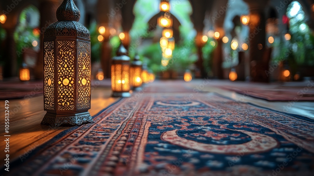 Poster a row of lit lanterns on a patterned carpet in a dimly lit room with a blurred background.