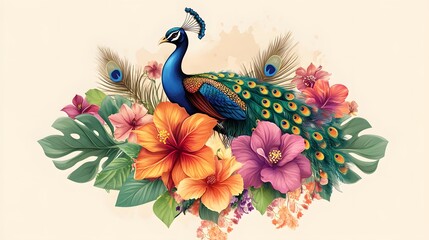 Fototapeta premium Vibrant peacock surrounded by exotic blossoms