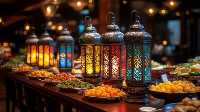 A row of colorful Moroccan lanterns illuminate a buffet table laden with traditional Middle Eastern cuisine.