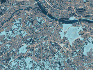 Painterly Style City Map of Tama, Japan in a Blue Color Scheme.