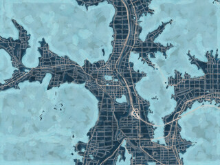 Painterly Style City Map of Tanba, Japan in a Blue Color Scheme.