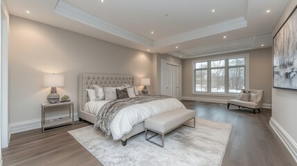 A spacious and luxurious bedroom with a king-sized bed, plush bedding, and a large window overlooking a wintery landscape.