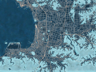 Painterly Style City Map of Tateyama, Japan in a Blue Color Scheme.