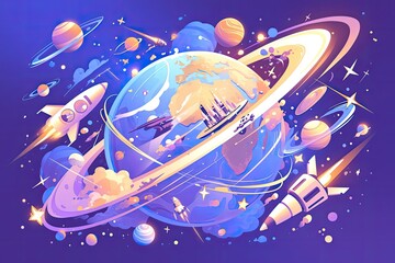A whimsical and colorful illustration of a floating island in space. The island is home to a variety of cute, cartoonish creatures, including bunnies and mushroom-like beings. A rocket launches from t
