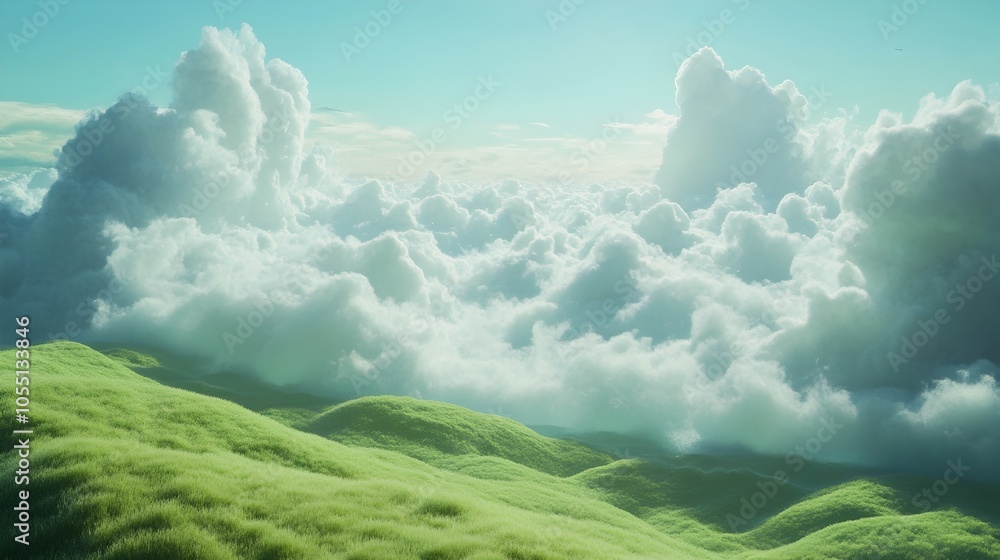 Poster A 3D rendered scene of wispy fluffy clouds drifting over a vast verdant field casting dappled shadows on the bright green grass below creating a serene and tranquil pastoral landscape