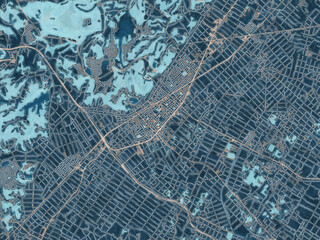 Painterly Style City Map of Togane, Japan in a Blue Color Scheme.