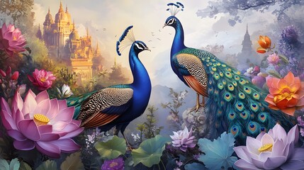 Majestic peacocks amidst lush lotus blossoms