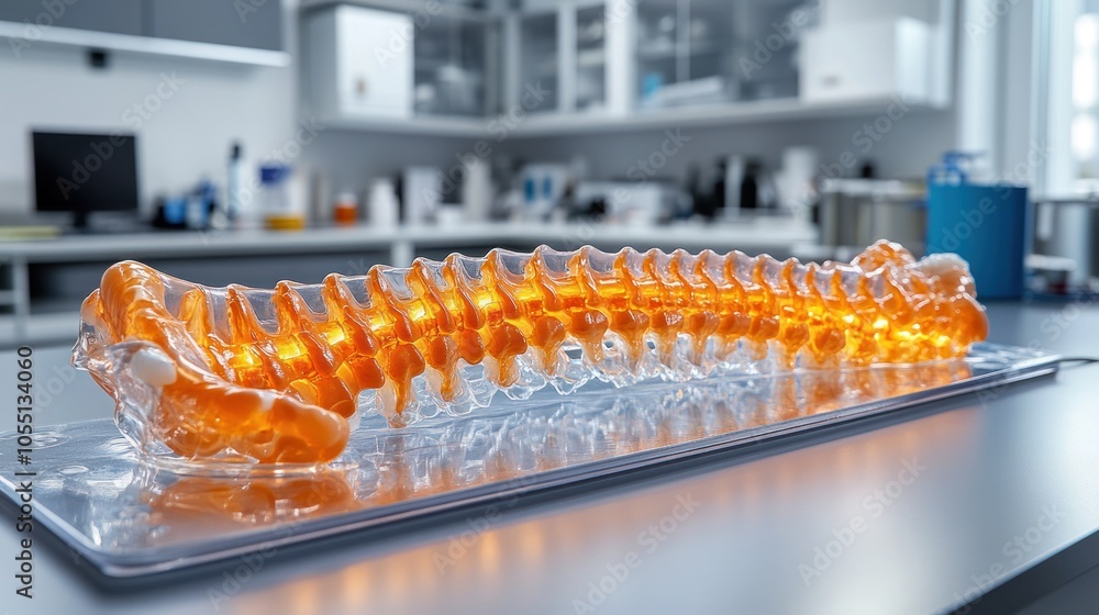 Poster 3d model of a spine displayed in a laboratory setting.