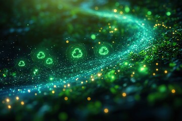 Glowing recycle symbols in a green forest.