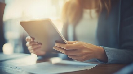Woman Holding Tablet in Bright Workspace